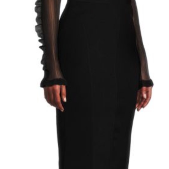 Herve Leger Black Ruffle Sheer Sleeve Corset Midi Dress Evening Cocktail Holiday - Picture 14 of 16
